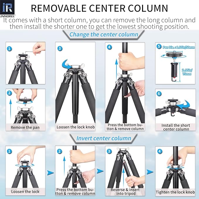 Carbon Fiber Travel Tripod-INNOREL GT255C 64.6in 5 Section Professional Compact Portable Camera Tripod Stand for Travel Outdoor Digital DSLR with Special-Shaped Center Column Max Load 33lb/15kg