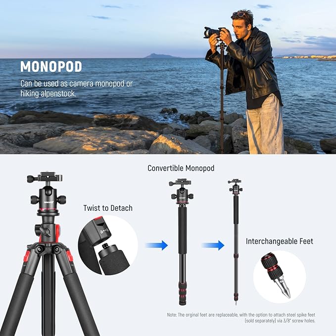NEEWER 72 inch Camera Tripod Monopod with Center Column and Ball Head Aluminum, Arca Type QR Plate, Bag, Horizontal Tripod Overhead Camera Mount for DSLR Camera, Video Camcorder, Max Load: 33lb