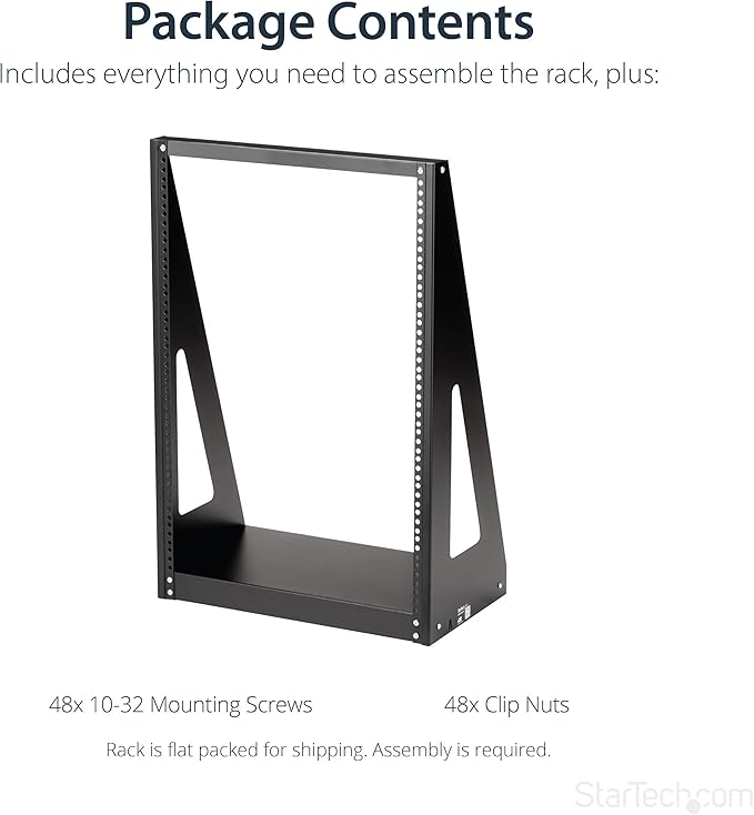 StarTech.com 2-Post 16U Heavy-Duty Desktop Server Rack, Small Open Frame 19in Computer Rack, Compact Network Rack for AV / Studio / Data / IT Equipment, Two-Post Home/Office Rack, TAA (2POSTRACK16)