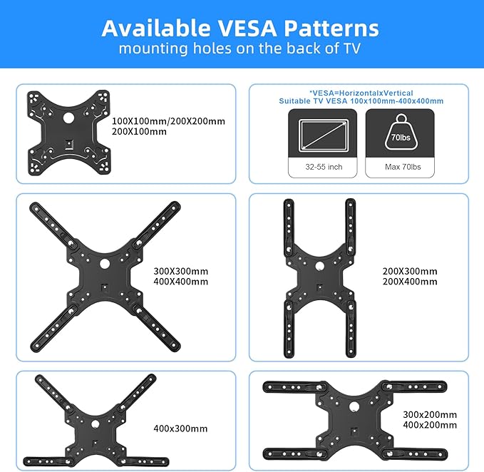Suptek Adjustable TV Wall Mount Swivel and Tilt TV Arm Bracket for Most 32-55 inch LED, LCD Monitor and Plasma TVs up to 70lbs VESA up to 400x400mm (MAFD-L400)