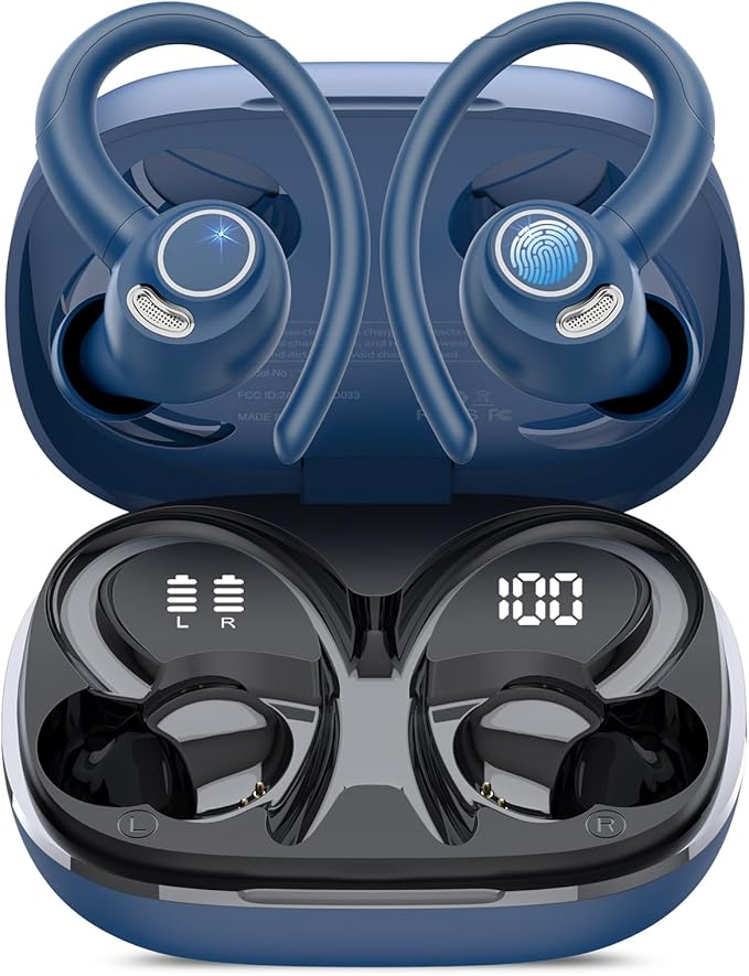 Wireless Earbuds, Bluetooth 5.4 Headphones Sport, Over Ear Buds with ENC Noise Cancelling Mic, 48H, Wireless Earphone with Earhooks, Stereo Deep Bass, IP7 Waterproof Ear Bud for Workout Running, Blue