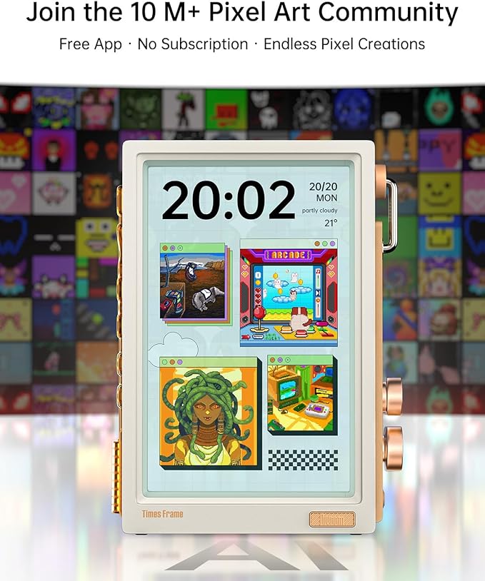 Divoom Times Frame-10.1" Digital Picture Frame Transparent IPS with RGBLED Rotary Knob WiFi 64GB 400+Clock Faces Widget 50+API Feeds Gift Mode Pixel Art Community Personalized Data Display (White)