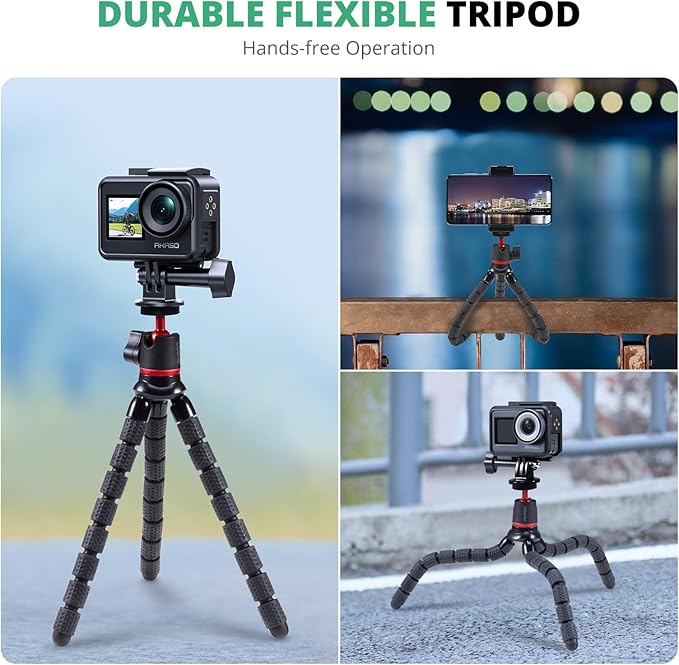 AKASO Flexible Tripod Action Camera Accessories Kit for GoPro Hero 13/12/11/10/ 9/8 Max/DJI Osmo Action/AKASO 360 Camera/EK7000/Brave 4/Brave 7 LE/Brave 7/Brave 8/V50X Action Camera