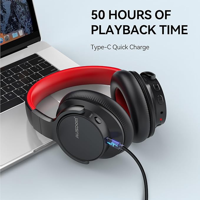 AUSDOM Active Noise Cancelling Headphones, Wireless Over Ear Bluetooth Headphones with Deep Bass, Memory Foam Ear Cups, 50H Playtime, Hi-Fi Stereo Audio, 3.5mm Wired Audio Jack, for Travel/Home/Office