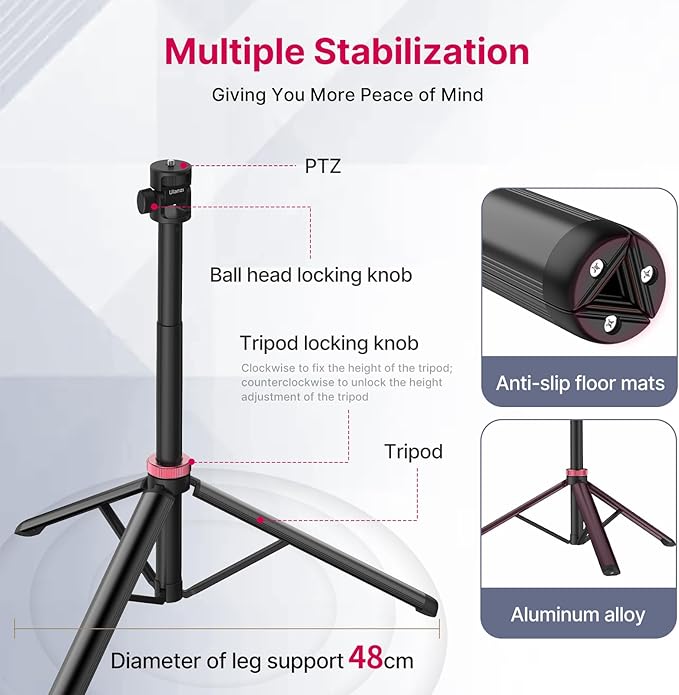 VIJIM MT-79 Extendable Photography Light Stand, 81" Portable Adjustable Light Tripod with 1/4" Screw, 360° Ball Head Camera Phone Tripod for Continute Output Lighting, Webcams, Cameras,for Pocket3