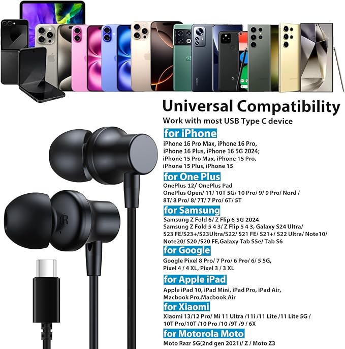 USB C Wired Headphones for iPhone 17 16e 15 Plus Oneplus 13, USB C Earbuds Magnetic Noise Canceling in-Ear Type C Earphones with Mic for iPad Air Pro M4 Samsung Z Flip Fold 6 Galaxy S23 S22 Pixel 8 7