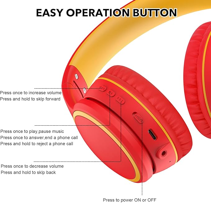 RORSOU B10 Wireless Bluetooth Over-Ear Headphones, Lightweight Folding Stereo Bass Headset with Mic, 50H Playtime, Volume Control, Bluetooth 5.3 Headphones for iPad/Travel/Tablet/PC (Red)