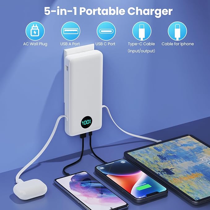 Portable Charger 33800mAh USB C Power Bank with Built-in Cables & AC Wall Plug,25W Fast Charging+QC 4.0 Phone Charger,4 Output LCD Display Battery Pack Compatible with iPhone16/15,Samsung,Android etc