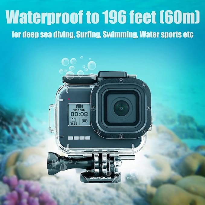 Waterproof Housing Case for GoPro Hero 8 Black - 60M(196ft) Protective Underwater Diving Shell Mount with 2 Cold Shoe Adapters Bracket Accessories Action Camera