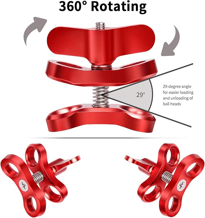 2-Hole 1" Aluminum Underwater Camera Clamp Ball Mount (2-Pack) - Underwater Bracket for Diving Light Arms & Camera Trays, Saltwater-Resistant Adapter for Scuba Photography/Videography Gear