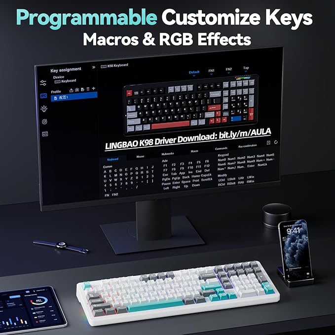 LINGBAO K98 Gaming Keyboard,10000mAh Battery,Wireless Mechanical Keyboard BT5.0/2.4G/USB-C, Gasket Hot Swappable,RGB Backlit, Creamy Sounding Keyboards with Number Pad for Win/Mac/PC/Gaming/Typing