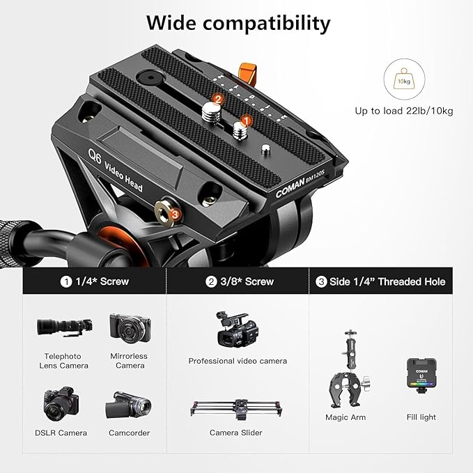 Video Tripod, COMAN 74" Professional Metal Heavy Duty Camera Tripods with Adjustable Damping Fluid Head, Dual-Mode QR Plate Compatible with DJI RS4 Manfrotto (Q6 New Fluid Head)