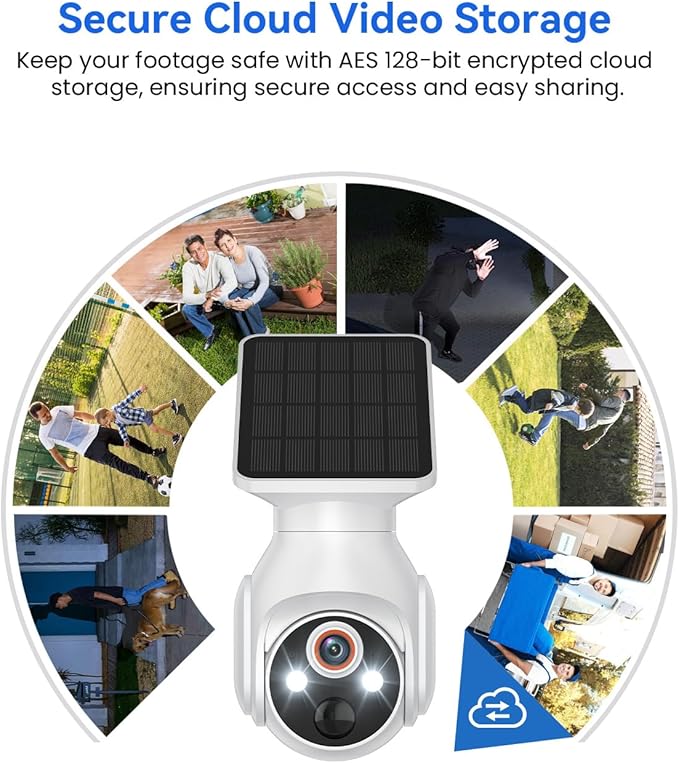 1080p WiFi Outdoor Security Camera with Solar Panel, Battery Powered, AI Motion Detection, Night Vision, Two Way Talk, IP65, Cloud Storage, Human Detection, 2.4GHz Only, Pan Tilt