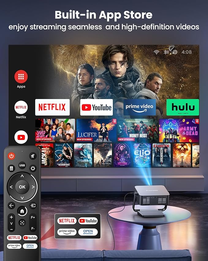 [Netflix-Officially-Licensed] FUDONI 4K Smart Projector with WiFi 6 & Bluetooth, Auto Keystone/Electric Focus, Zoom Correction, HDMI/USB/iOS/Android Compatible, Portable Proyector for Home & Outdoor
