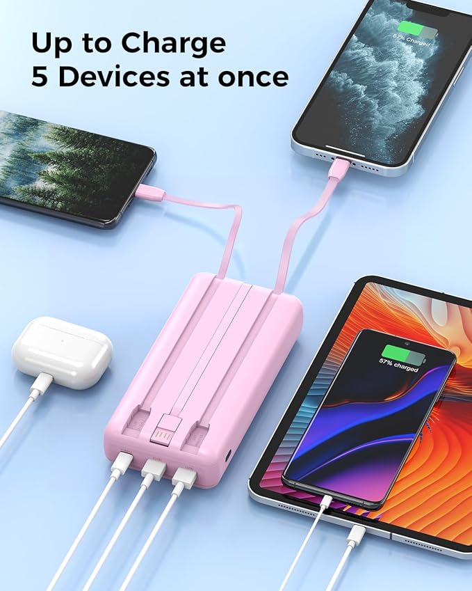 Portable Charger Power Bank 50000mAh Built-in Cables, PD 20W Fast Charging Large Capacity Battery Pack, 5 Output 2 Input LED Display Powerbank Compatible with Phone (Pink)