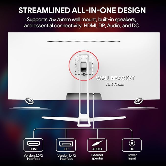 CRUA 34'' White Gaming Monitor, 165HZ/144HZ, WQHD(3440x1440P) IPS UltraWide Screen Computer Monitors with Built-in Speakers, Supports FreeSync, 120% sRGB, HDMI 2.0 & DP 1.4, Wall Mountable Installs