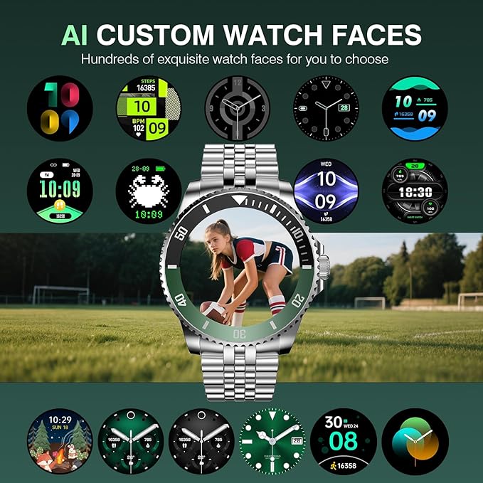 AI Smart Watch, DA GPT AI Waterproof Smartwatch, 1.19-inch AMOLED Display, 24/7 Heart Rate, Blood Oxygen, Blood Pressure, Sleep Monitor, 107 Sports Modes, Compatible Android and iOS Silver Green