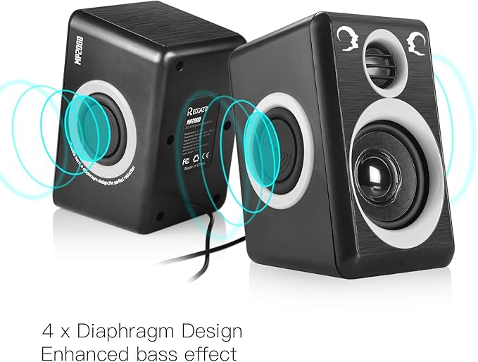 RECCAZR Computer Speakers with Surround Sound 2.0CH USB Wired Powered Multimedia Speaker for Desktop/TV/PC/Laptops/Smart Phone Built-in Four Loudspeaker Diaphragm (Gray)