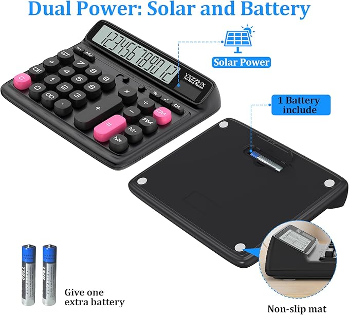 Desktop Calculator with Extra Large 5-Inch LCD Display, 12-Digit Two Way Power Solar & Battery Office Calculator with Big Buttons for Business, Accounting & Home Use(Black)
