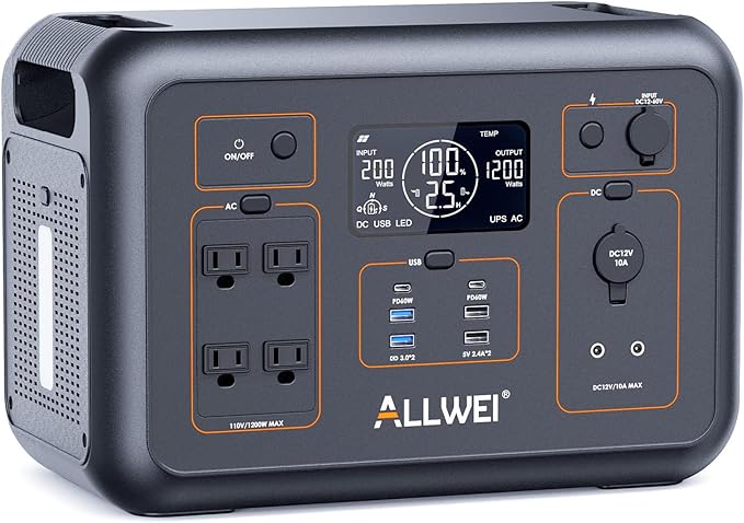 ALLWEI LiFePO4 Portable Power Station 1200W, 1008Wh Solar Generator with UPS Mode, 1.5Hrs Fast Charge, 4 AC Outlet(Surge 2400W), Power Battery Generator for CPAP Camping Outdoor Emergency
