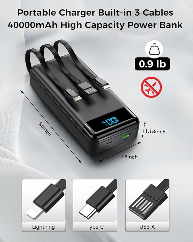 Portable Charger 40000mAh Power Bank - PD 22.5W Fast Charging Battery Pack, Built-in Cable Phone Charger 4 Output 3 Input, Compatible with iPhone 16 15 14 13 Android Samsung, Travel Camping Essential