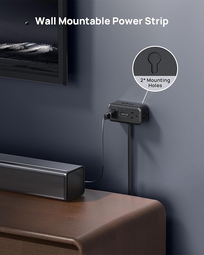 TROND 360° Rotating Flat Plug Power Strip, 5FT Extension Cord with 4 USB Ports, 4 Wide Spaced AC Outlets, Wall Mount, 900J Surge Protector for Office Travel Dorm Room Essentials, Black