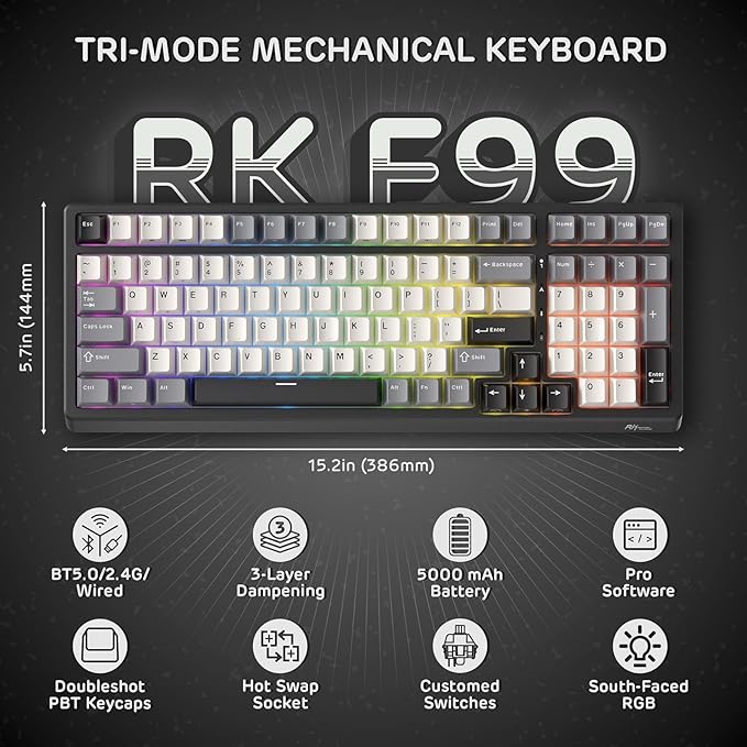 RK ROYAL KLUDGE F99 Wireless Mechanical Keyboard with Numper Pad, Tri-Mode Hot Swappable 95%100 Keys Gaming Keyboard BT/2.4G/USB-C, Pro Software, 5000mAh Battery, Customed Linear Creamy Switches