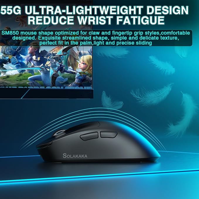 SOLAKAKA SM850 Wireless Gaming Mouse, 24000 DPI, 55g Lightweight Mouse Gaming, 6 Programmable Buttons, Ergonomic Computer Mouse, Tri-Mode BT5.1/2.4G/USB-C 250h Battery Life PC Gamer Mice for Laptop