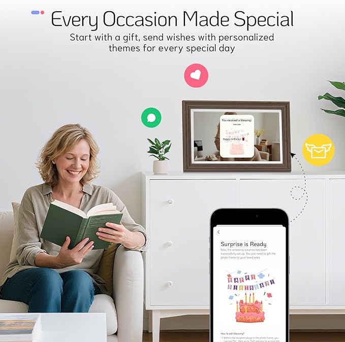 NexFoto Touchscreen Digital Picture Frame 15.6'', FHD WiFi Digital Photo Frame, 64GB Wood Electronic Picture Frame, Add Photos from Google Photos, Share Videos, for Mom, Birthday, Walnut