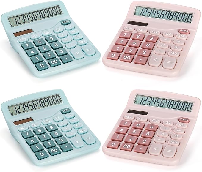 4 Pack Handheld Desktop Calculators, Solar Battery Dual Power Basic Calculator 12 Digit Large Display, Standard Functional Desk Calculator Big Sensitive Button for Office Home School Pink Blue
