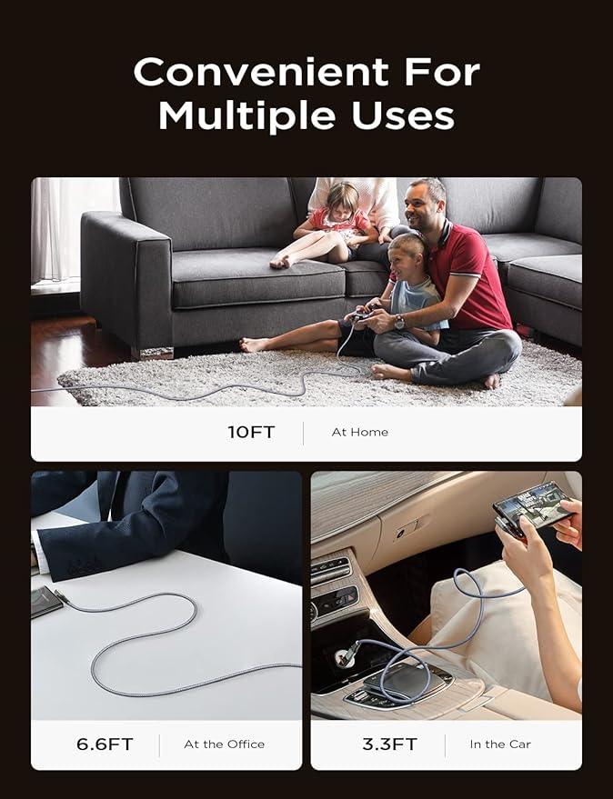 AINOPE USB C Cable 60W 4-Pack 3.3FT+3.3FT+6.6FT+10FT Nylon Braided USB C to USB C Cable Type C Charger Fast Charging Right Angle USBC Cable Charger Cord for iPhone 16 Pro Max 15 Plus Samsung S24 Grey