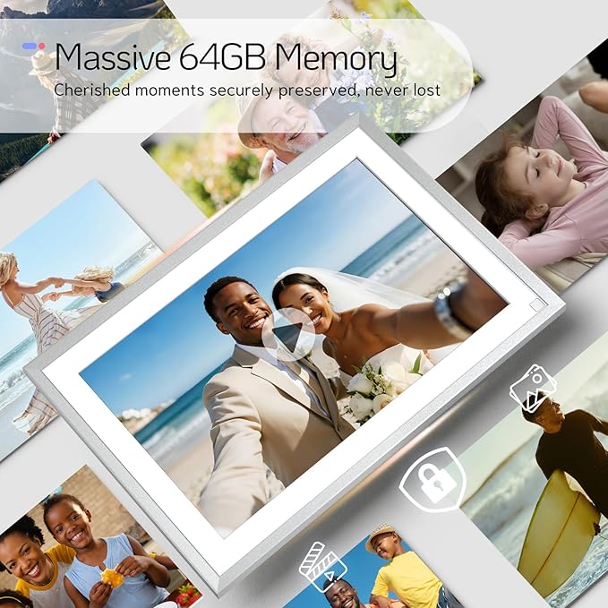NexFoto Touchscreen Digital Picture Frame 10.1 Inch 64GB, WiFi Digital Photo Frame, Unboxing Gift Mode, Add Photos from Google Photos, Upload Videos Easily, Gifts for Newlyweds, Wedding, Silver