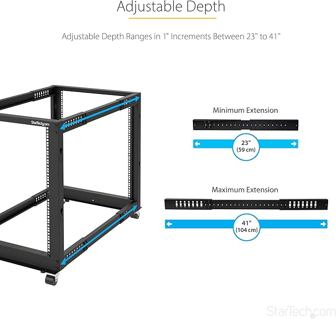StarTech.com 4-Post 42U Mobile Open Frame Server Rack, 19in Network Rack with Wheels, Rolling Rack for Computer/AV/Data/IT Equipment - Casters, Leveling Feet or Floor Mounting (4POSTRACK42)