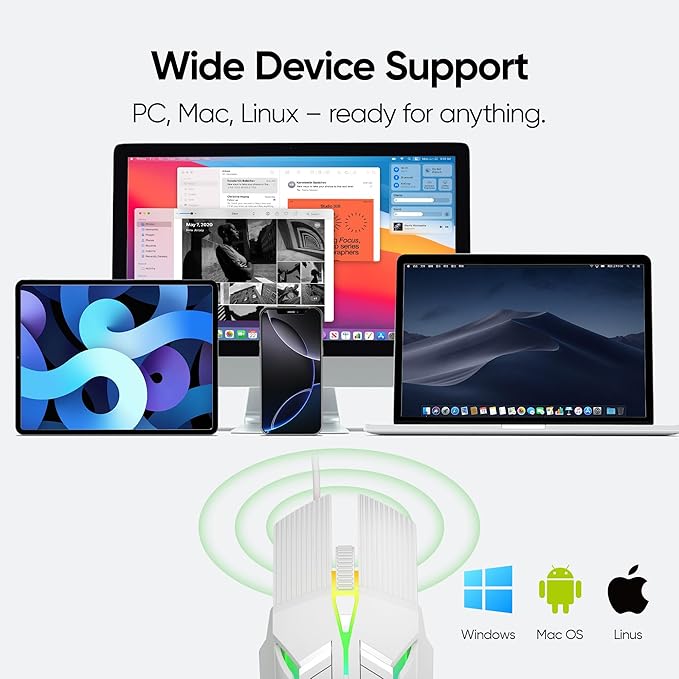 Wired Gaming Mouse - Lightweight USB Optical Computer Mice with 7-Color RGB LED Lights, 4 Adjustable DPI (1200-3200), 6 Buttons, Ergonomic Design for Windows 7/8/10/XP/Vista & Linux (White)