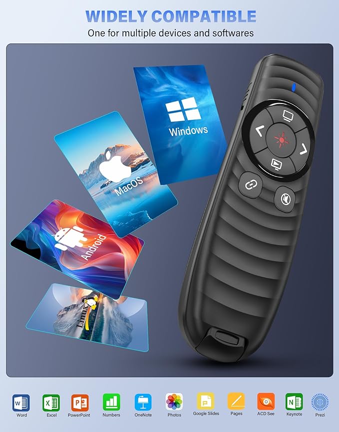 Presentation Clicker Wireless, 2-in-1 USB/Type C Rechargeable Presenter Remote Control for PowerPoint, PPT Clicker Red Laser Pointer, Slide Advancer RF2.4GHz (Red Light, USB C Rechargeable)