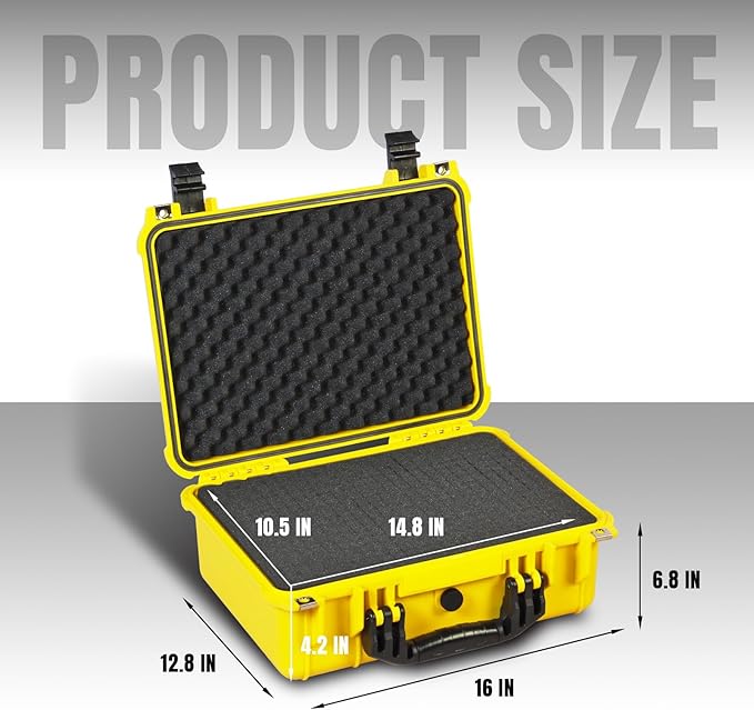16x 12.8x 6.8 Inch Hard Case, Portable Weather Waterproof Protective Camera Case with Customizable Foam, Fit Use of Drones, Camera, Equipments, Yellow
