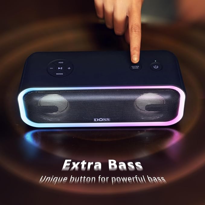 DOSS SoundBox Pro+ Bluetooth Speaker with 24W Impressive Sound, Booming Bass, IPX6 Waterproof, 15Hrs Playtime, Wireless Stereo Pairing, Mixed Colors Lights, 66 FT- Blue