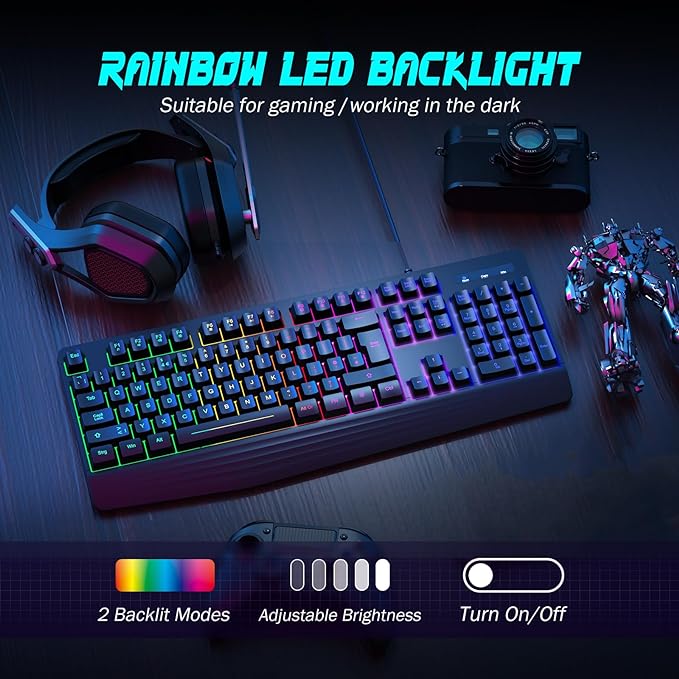 Gaming Keyboard, 7-Color Rainbow LED Backlit, 104 Keys Quiet Light Up Keyboard, Wrist Rest, Whisper Silent, Anti-ghosting Multimedia Keys, Waterproof USB Wired Keyboard for PC Mac Xbox