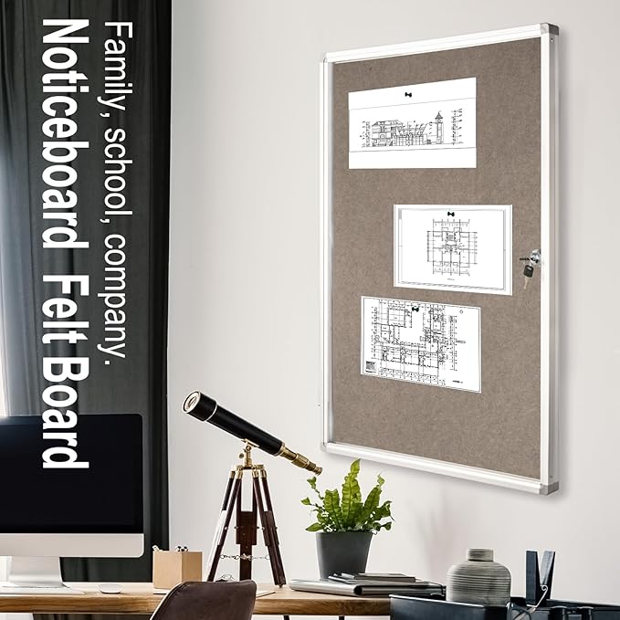 BIBOC Enclosed Felt Bulletin Board 36x24 inch Lockable Cork Noticeboard Display Cases Tamperproof Notice Poster Memo Board with Class Aluminum Frame (Felt, 24×36 inches)