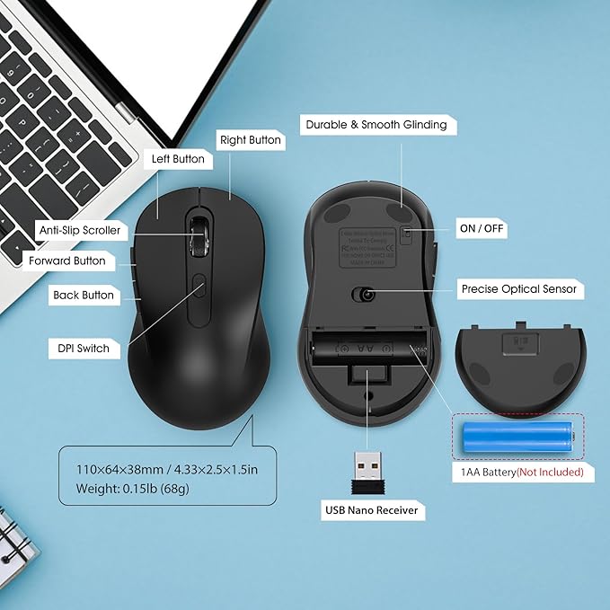 Wireless Mouse for Laptop, PC, Chromebook, Mac, MacBook, Silent Wireless Mouse with USB Nano Receiver, Side Button, 2400 DPI, Anti Slip Roller, 6 Button Ergonomics Cordless Computer Mice - Black