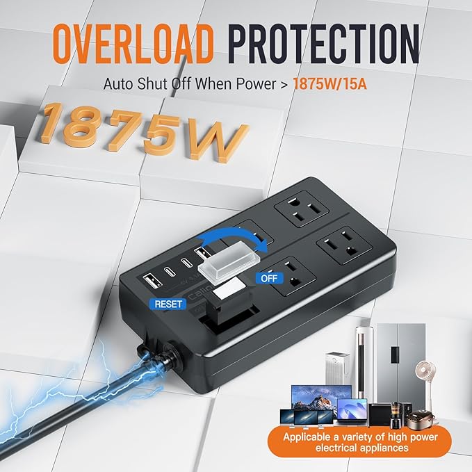 VNJ Outdoor Power Strip with 4AC Outlets + 4USB Ports, IPX6 Waterproof Surge Protector, Safety Lock Design and ETL-Certified Cables, 15FT Extension Cord for Home, Garden, and Commercial Use