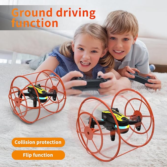 M17 Mini Drone Land-Air Dual Mode Indoor RC Quadcopter with Protective Cover for Beginners Headless Mode One Key Take-off/Landing 3D Flip 3 Speed Modes Rechargeable Battery