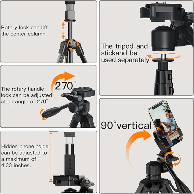 Camera Tripod 66.7 Inch, Patented 3-Way Rotating Portable Cameras Stand Professional Aluminum Travel Phone Camera Mount Monopod for Camera, Smartphone, Suitable for Various Live Vlogging