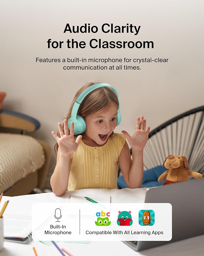 Belkin SoundForm Mini - Wireless Bluetooth Headphones for Kids with 30H Battery Life, 85dB Safe Volume Limit, Built-in Microphone - Kids On-Ear Earphones for iPhone, iPad, & More - Mint w/Case