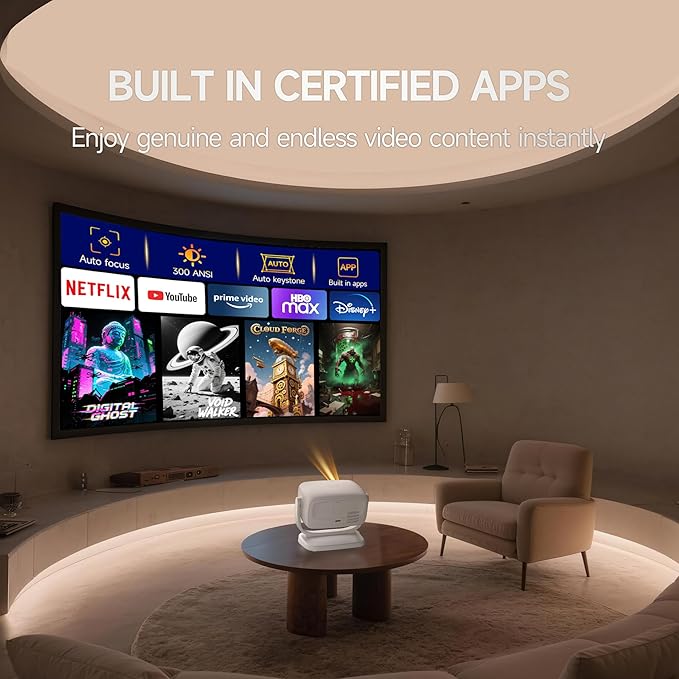 [Built-in Apps&Auto Focus] Portable Projector 1080P Smart Mini Projector Support 4K 180° Stand Auto Keystone with WiFi 6 Bluetooth Fabric Panel Movie Projector Compatible with TV Stick/Xbox/Laptop