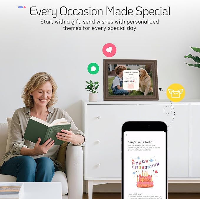 NexFoto 13.5 Inch Touchscreen Digital Picture Frame 3K Resolution, WiFi Digital Photo Frame 64GB, Add Photos from Google Photos, Easy to Share Photos/Videos via App/USB/Micro SD, Gifts for Mom, Walnut