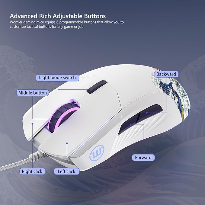 Womier Wired Gaming Mouse, White RGB Anime Mouse w/Ergonomic Computer 12000DPI/6 Programmable Buttons Programmable Buttons for Laptop PC Mac Windows-G705 V2 Kanagawa