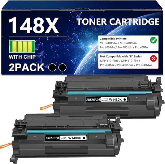 148X Toner Cartridge Black (with Chip) High Yield Compatible for HP 148X 148A W1480X W1480A for Laserjet Pro 4001n 4001dn 4001dw MFP 4101fdn 4101fdw Printers (2 Pack)