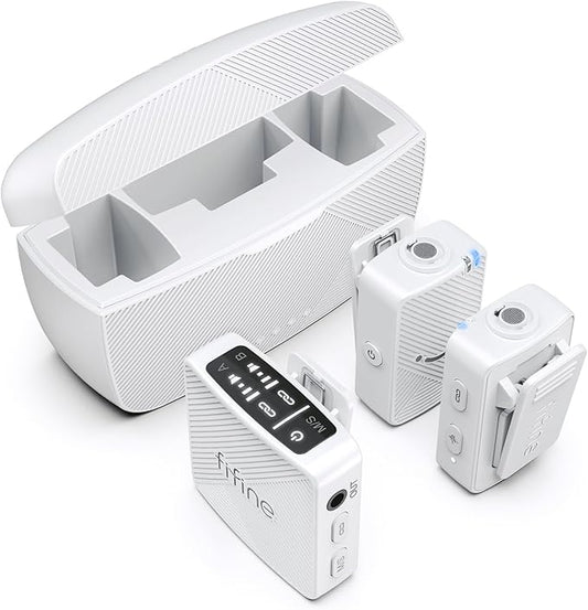 FIFINE Wireless Lavalier Microphone System, Lapel Dual Microphones Clip-on for Video Recording, Vlog, Interview, Podcast Mic Kit Compatible for iPhone, Camera, Smartphone, 30H Battery Life-M9 White