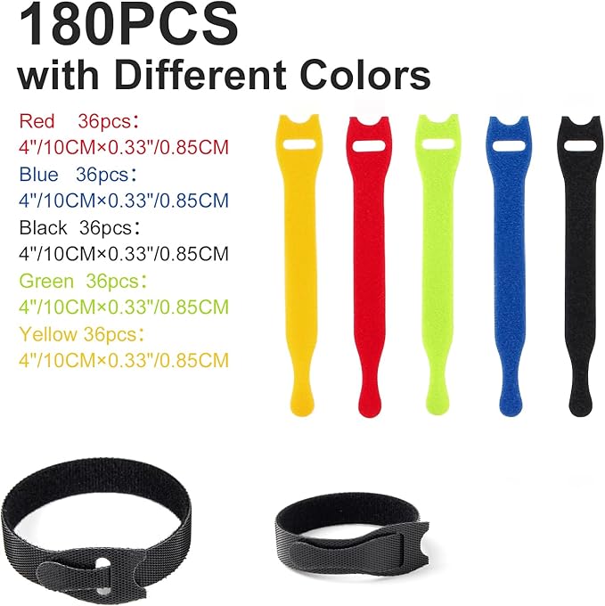 OneLeaf 180PCS Valuable Wire Organizer 4Inch Reusable Cable Ties with Hook and Loop, Colorful Fastening Cord Ties Wire Management for Home, Office, Data Centers, and Electronics, 5 colors